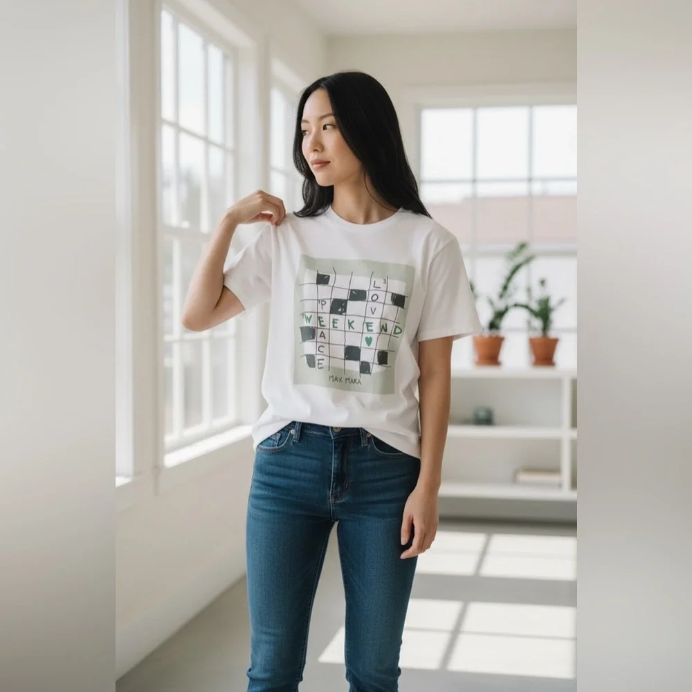 Max Mara Sante Weekend Organic Cotton T Shirt Crossword Peace Love - Picture 1 of 5